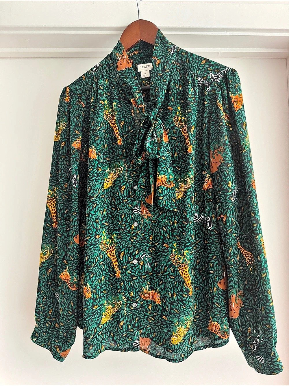 J.Crew Tie-Neck Blouse in Jungle Animal Print Jungle Animal Print Green & Orange